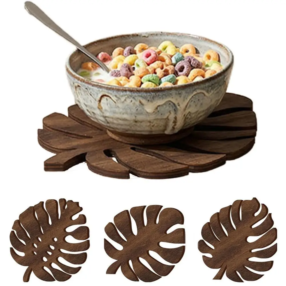 3Pcs Wooden Monstera Leaf Coasters, Tropical Style Heat Insulation Trivets, Rustic Wood Drink Coasters for Table Home Decor