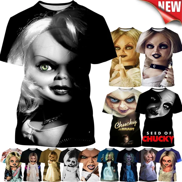 Camiseta informal Unisex de Hip-hop de moda de manga corta de muñeca Chucky con personalidad, camiseta con estampado 3D de película de terror Bride of Chucky