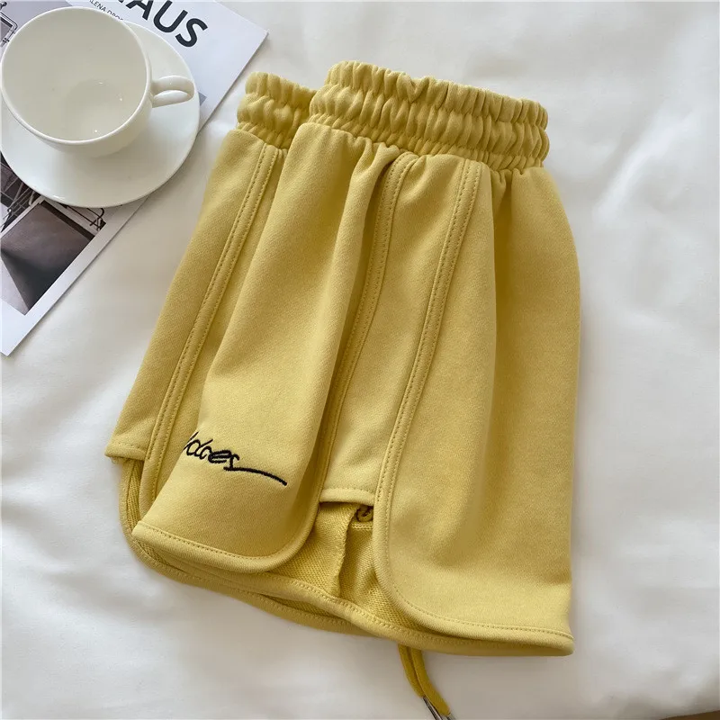 Damen Freizeit-Sweatshorts mit Elastikbund, Stickerei und Schriftzug, lockere Sportshorts, Sommer, einfarbig, Homewear, kurze Hose – Detail 3