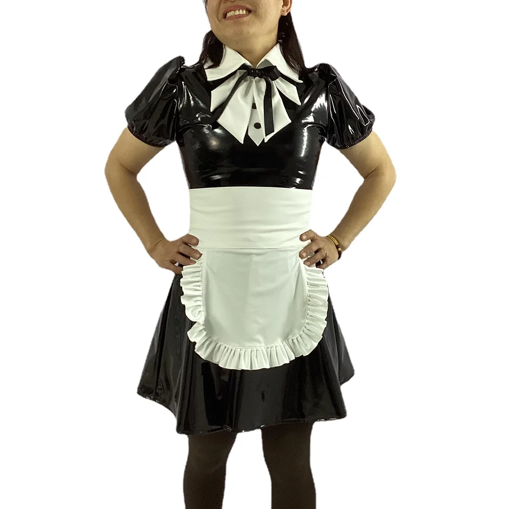 Sissy Short Puff Sleeve Maid Uniforms,Halloween Party Cosplay Costume,Vinyl PVC Leather,Turn-down Collar, A-line Maid Dress Sets