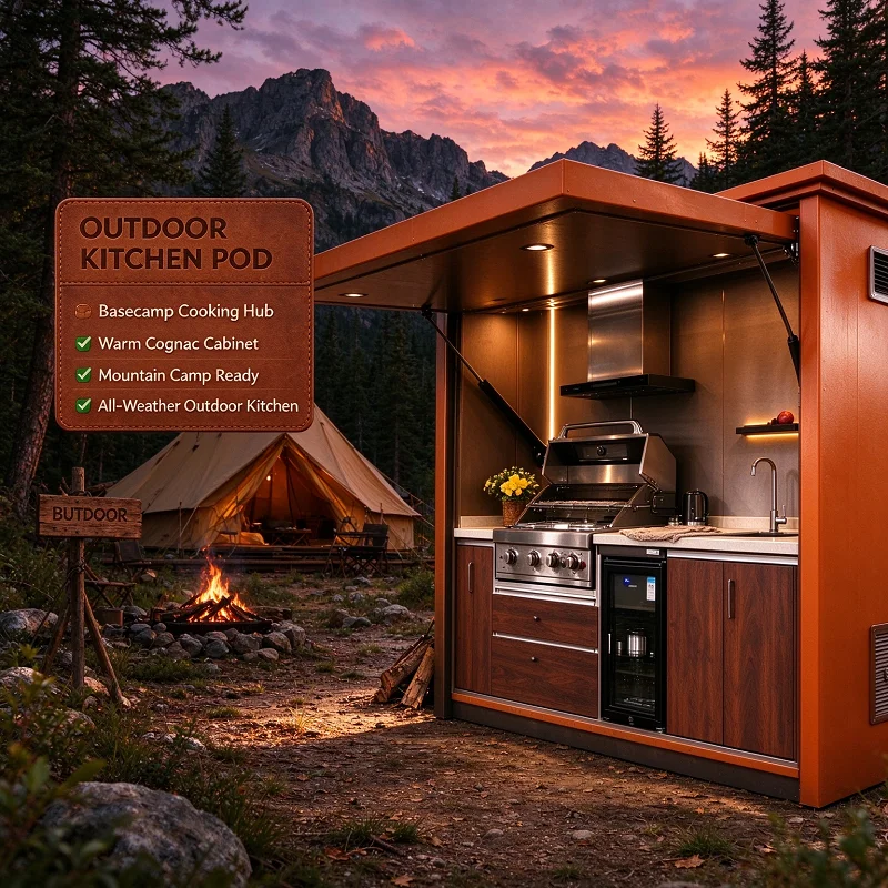 Modular Outdoor Kitchen BBQ Pod Island Grill Station Aluminum Pergola Stainless Steel Cabinet Sink Fridge Shed Patio Terrace Bar