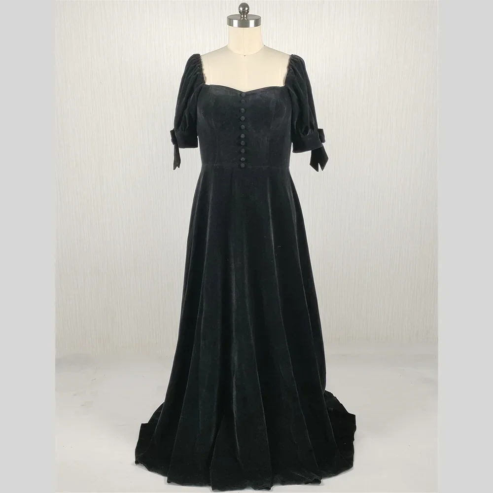 Feelingarden Customized Real Photo Plus size Evening Dresses Black Velvet Buttons Square Collar Floor Length Party Formal Gowns