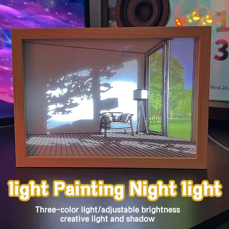 

Decorative Led Light Painting USB Plug Dimming Wall Artwork Table Lamp Gift Indoor Sunlight Window Wooden Photo Night Luminous