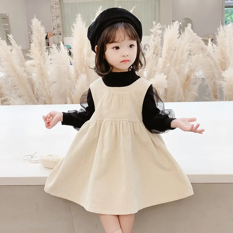 Girls Casual Dresses Bubble Sleeve Set 2024 Spring Autumn New Childrens Korean Fashion Little Girl Velvet Vest Skirt Cover