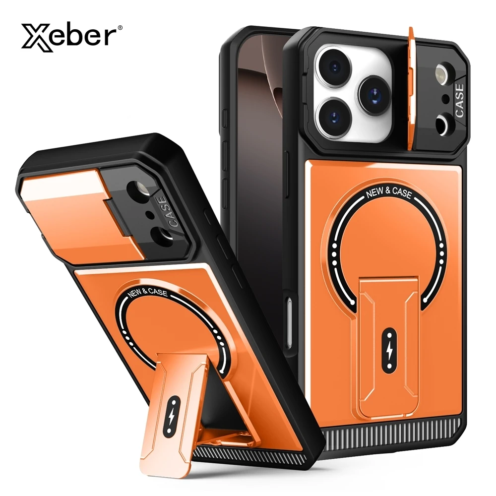 Rüstung Flip Kamera Schützen Magnetische Fall Für iPhone 17 16 15 14 13 12 11 Pro Max Plus Air Für Magsafe Stoßfest Falten Stand Abdeckung