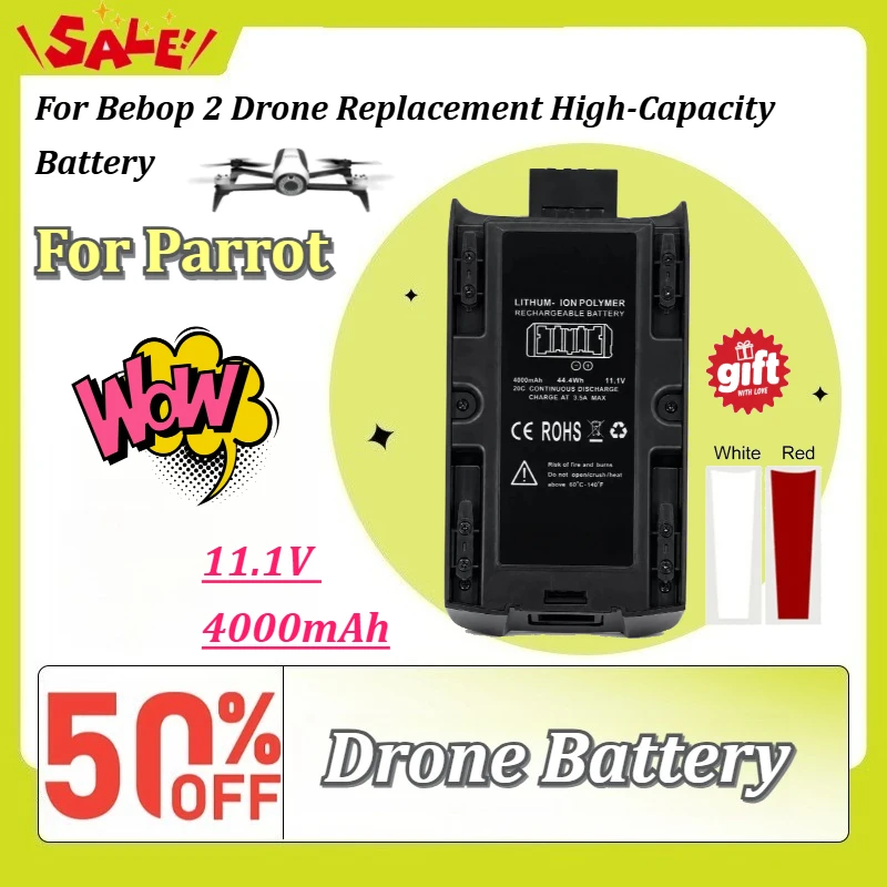 New Upgrade 11.1V 4000mAh Rechargeable Li‑polymer Battery Pack For Bebop 2 For Parrot Drone Replacement High-Capacity