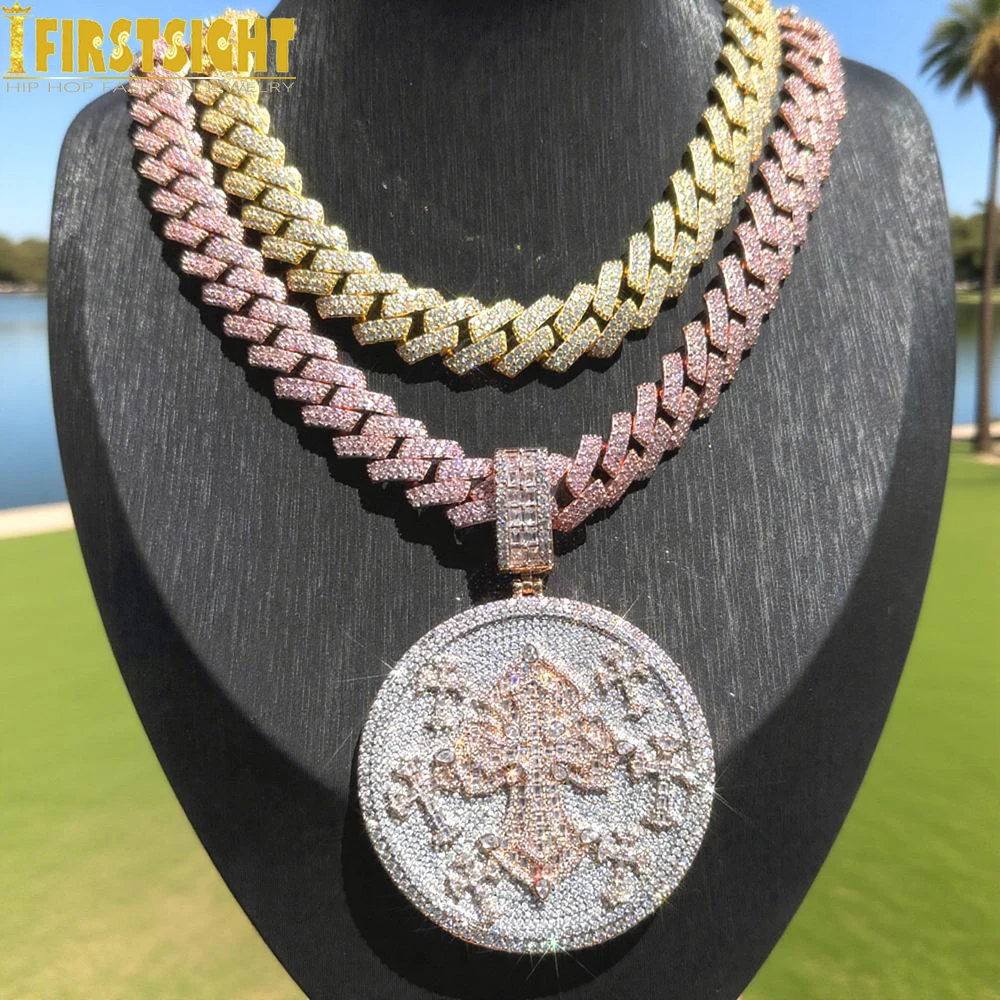 

Iced Out Cross Round Pendant Necklace Two Tone Color Bling Zircon CZ Heavy Chunky Badge 15MM Cuban Chain Men Hip Hop Jewelry
