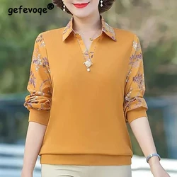 Elegante gola giratória emendado solto impresso blusa roupas femininas 2022 outono casual pullovers tops escritório senhora camisa primavera