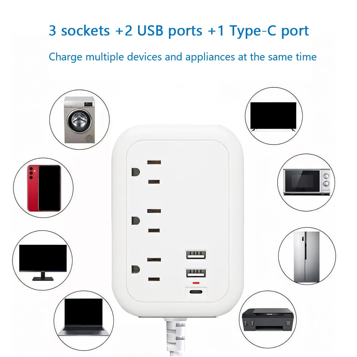 Power Strip Surge Protector With 3AC Outlets 3USB Ports,Multi Electrical Socket Outlet Travel Adapter Flat Plug For Home Travel