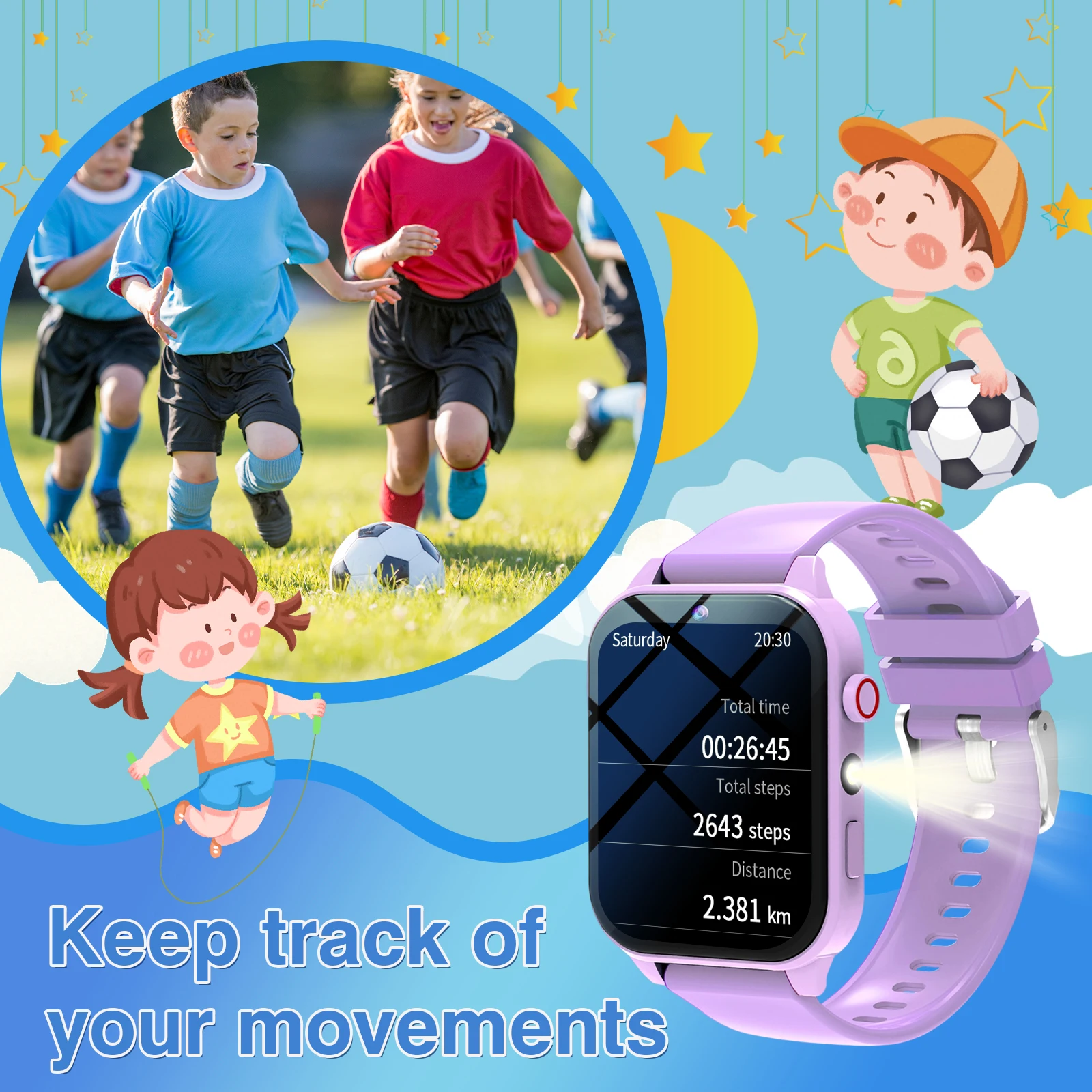 ساعة ذكية للأطفال مقاس 1.83 بوصة مع كاميرا، ألبوم صور لتسجيل النمو، 18 لعبة مدمجة، آلة حاسبة/تقويم/مصباح يدوي LED، #4