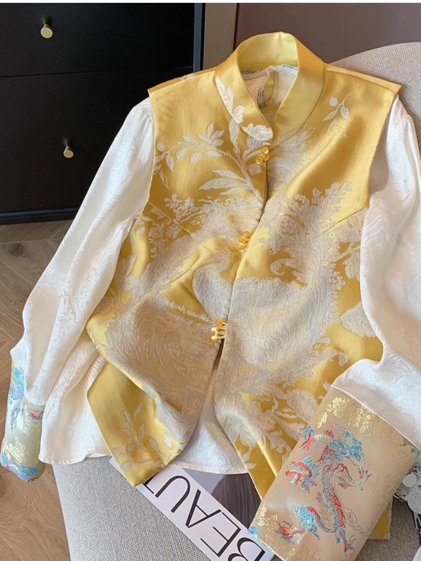 New Chinese Style Embroidered Satin Vest Shirt Women's Spring Autumn Improved Tang Costume Two-Piece Set Single Button Closure