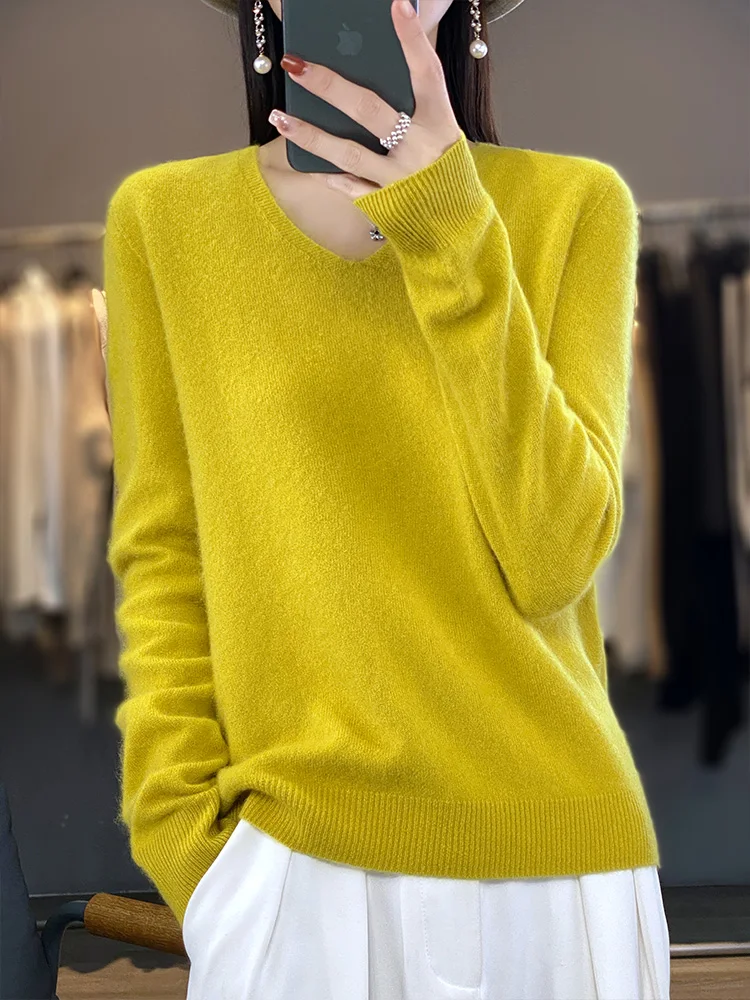 Women V-neck Knitted Pullover 100% Merino Wool Long Sleeve Thin Sweater For Spring Autumn Solid Casual Knitwear Korean Clothing