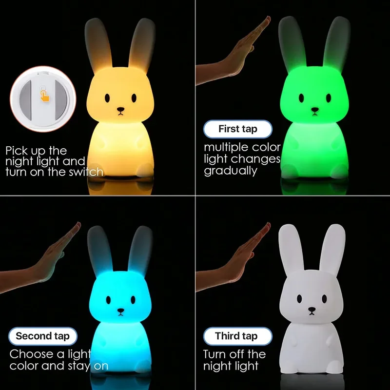 Night Light for Kids Room Cute Bunny Lamp Gifts for Nursery Girls Boys Toddler Kawaii Room Decor USB Silicone Rabbit Night Light