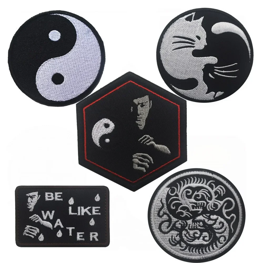 Tai Ji Eight Trigrams Embroidery Patches Hook & Loop on Clothes Cat Morale Badge Decoration for Clothing and Backpack