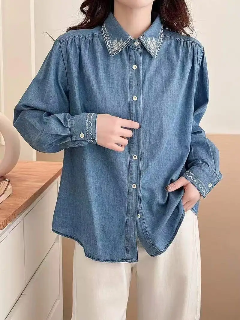 2027 Women's stylish blouses designer denim shirts bohemian women Harajuku fashion embroidered jean blouses