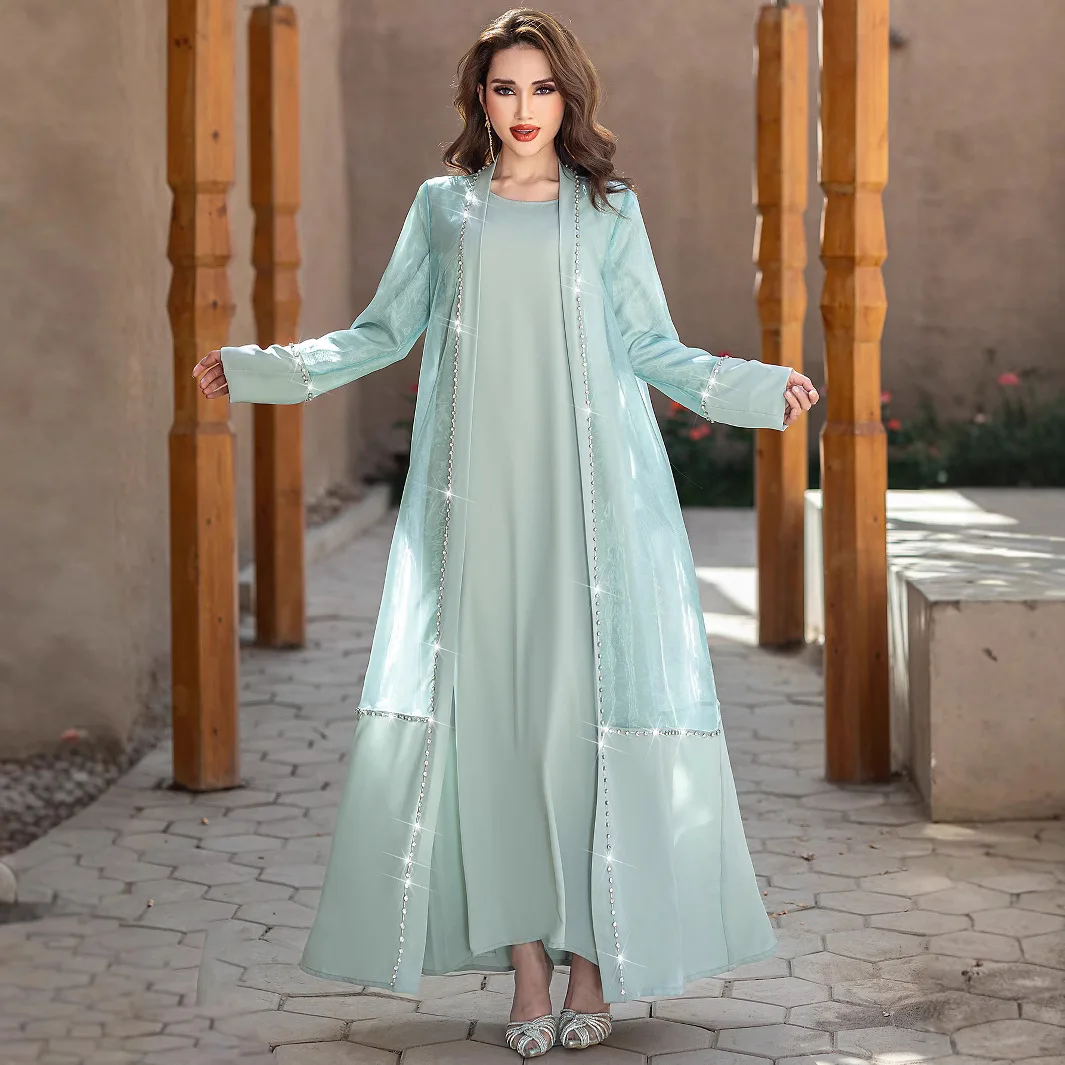Middle East Muslim New Fashion Women's Diamond Studded Casual Trendy Elegant Green 2 Piece Sets Cardigans Inner Dresses Female