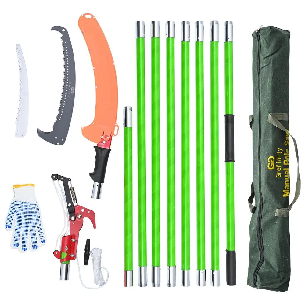 27FT Manual Pole Saw Tree Branch Trimmer with 8-Section Fiberglass Handle Sharp Steel Blade and Scissors Lightweight Extendable