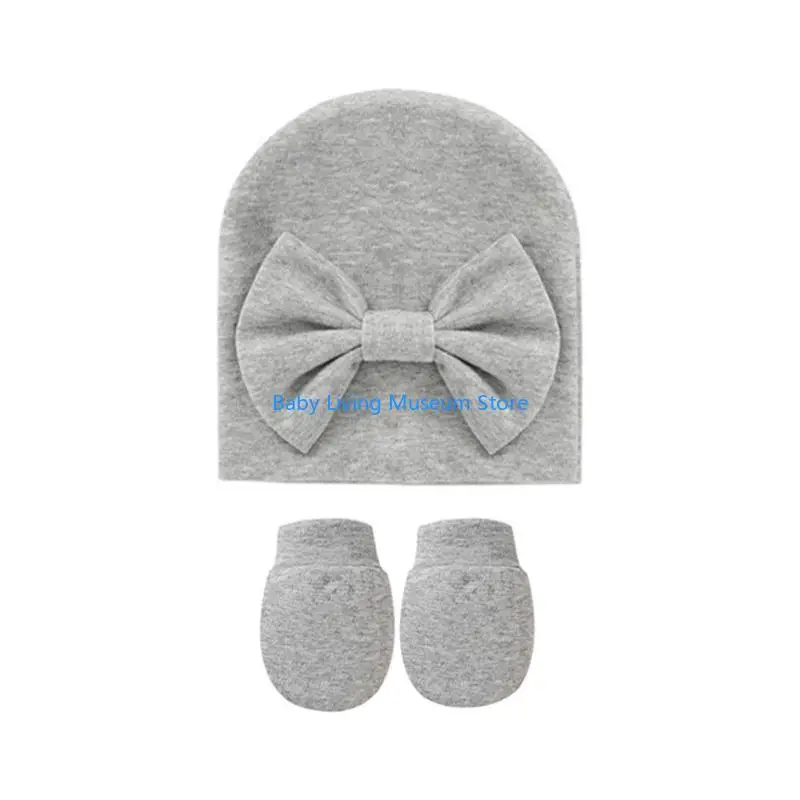 

P31C 2 Pcs Baby Anti Scratching Gloves Bowknot Hat Set Infants Soft Cotton Mittens for 0-3 Months Newborn