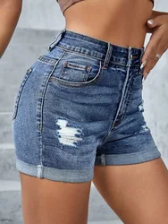 2023 Summer New Women's Mid-Waist Ripped Denim Shorts Fashion Sexy Elastic Rolled Skinny Jeans Shorts S-2XL Drop Shipping