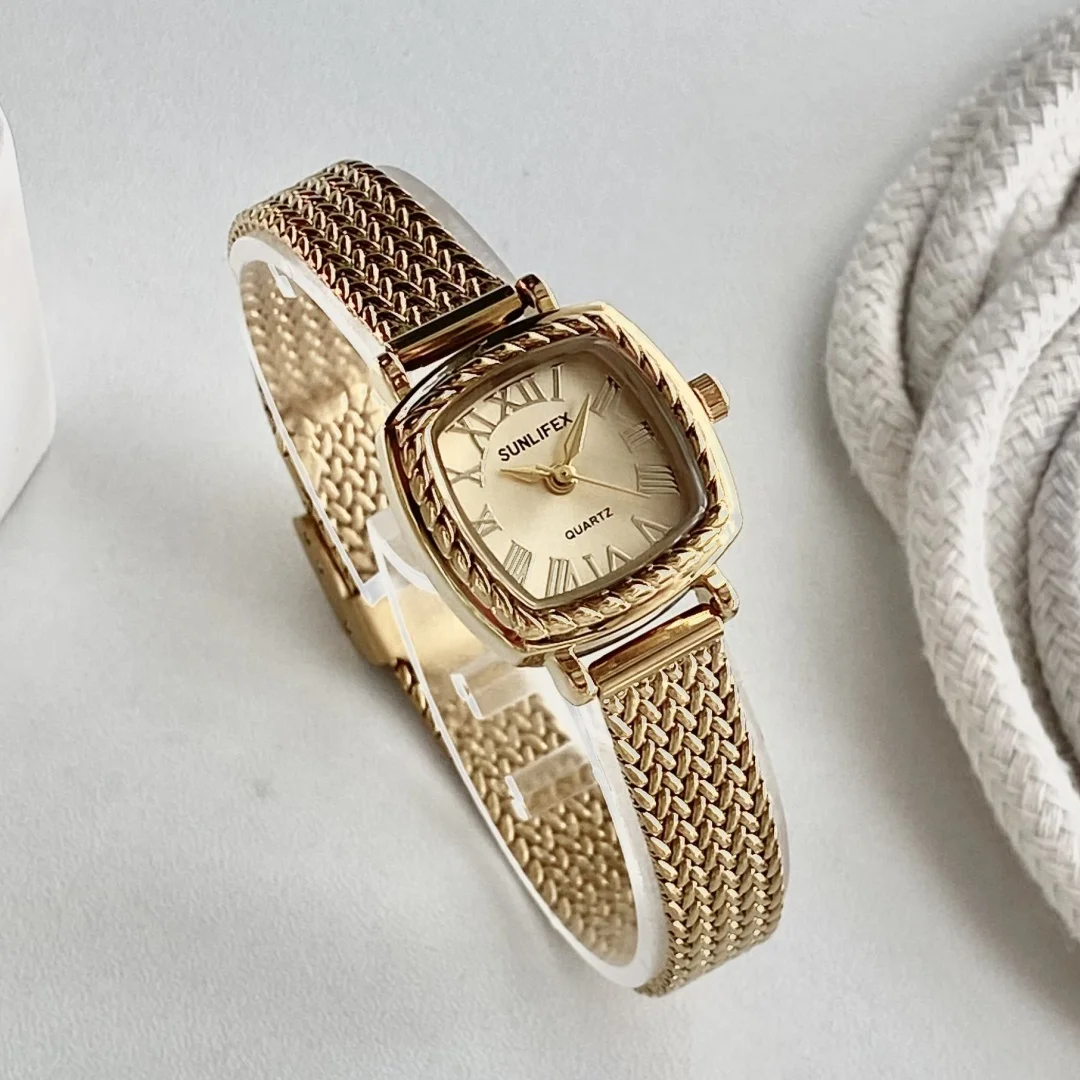 Sunlifex Vintage złoty mała tarcza kwarcowy damski zegarek na rękę elegancki zegarek kobieta bransoletka Casual zegarek dla kobiet Relogio Feminino
