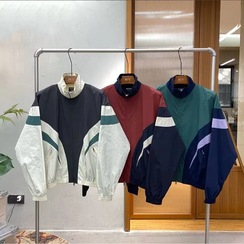 

Men's Spring Loose Plus Size Sport Jacket Mountain Outdoor Contrasting Color Stand Up Collar Coat Trekking Camp Riding Stormsuit