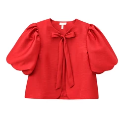 YENKYE High Street Women Lantern Short Sleeve Red Shirt Lace Up O Neck Summer Crop Top Streetwear ropa de mujer