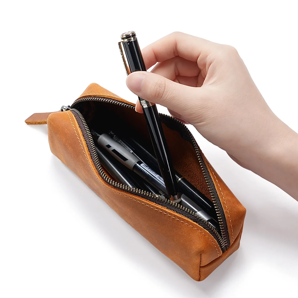 Man Clutch Bag New Crazy Horse Leather Stationery Pencil Case Student Pencil And Pen Office Supplies Zippered Storage Bag