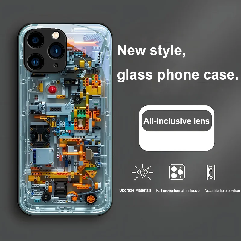 Mechanischer Innenraum Blau Lila für iPhone 15 14 13 12 Mini 11 Pro Max X XS XR 7 8 Plus 2020 22 SE Handyhülle aus gehärtetem Glas