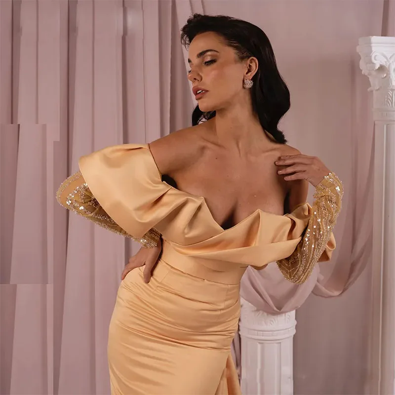 Elegant Sweetheart-Neck Mermaid Evening Dresses 2024 Off the Shoulder Long Sleeve Formal Gown Detachable Train Evening Wear