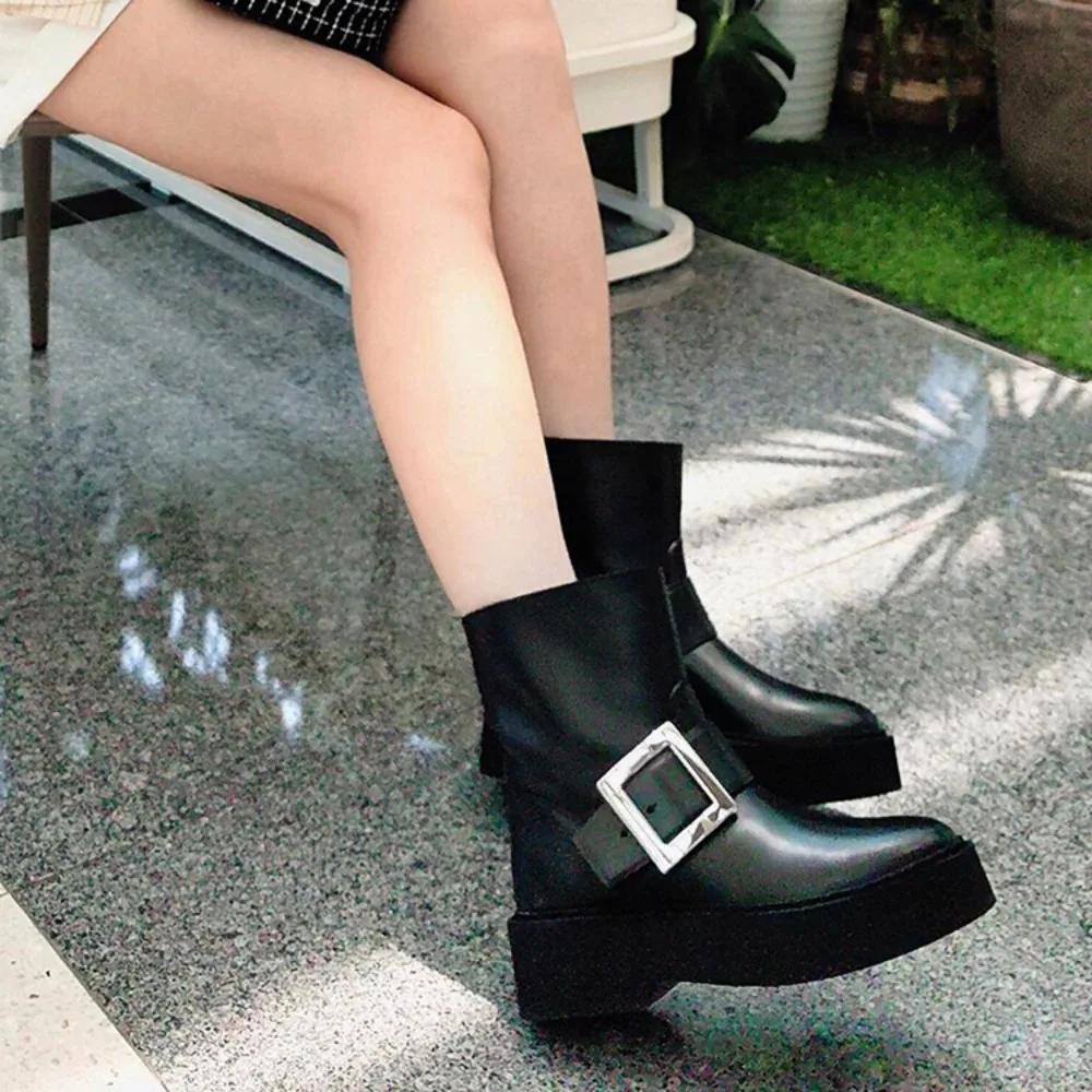 NIGO Women's Fall Winter Retro Metal Buckle Thick Short Boots Fashion Simple Moto Black Leather Fashion Tide Boots #NGSH1359