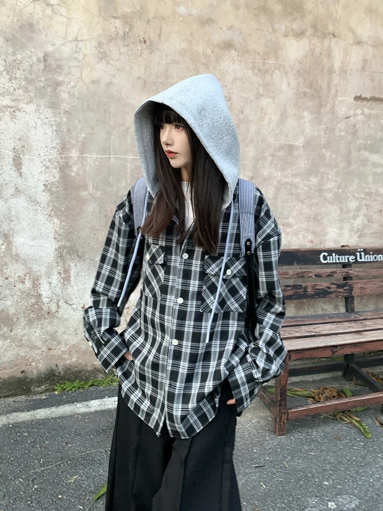 

Женский повседневный кардиган URKR в американском ретро-стиле, свободного кроя, с капюшоном, в клетку, с эффектом двухслойности, в уличном стиле