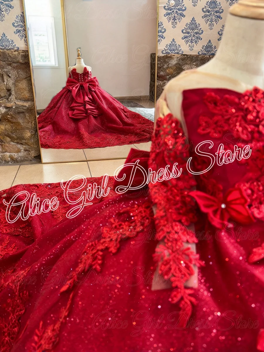 Red Flower Girl Dress For Wedding with Big Bow Trail Lace Appliques Girls Birthday Party First Communion Gowns Customized