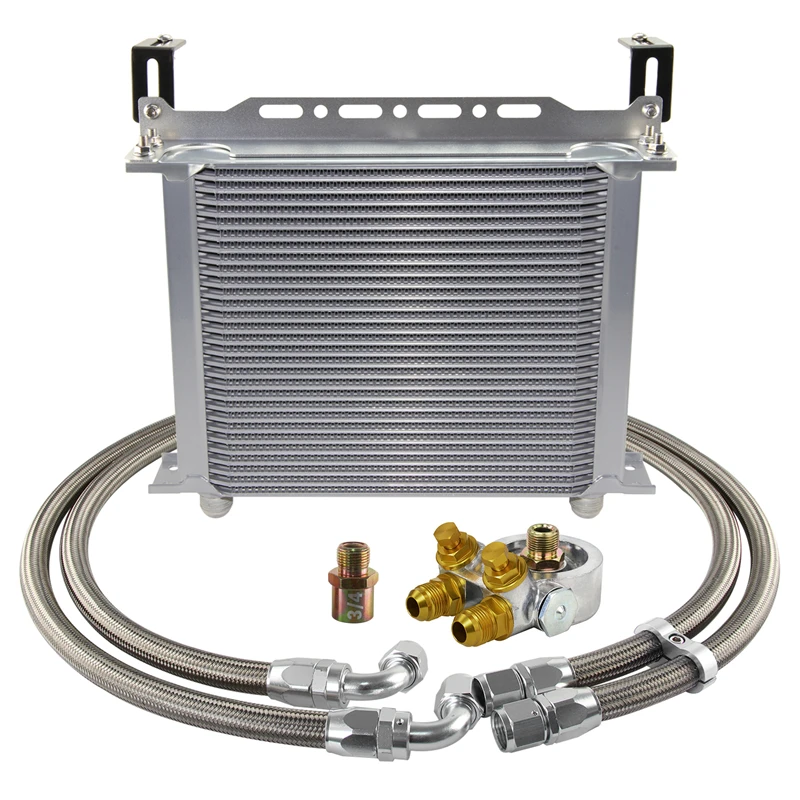 30 Row Oil Cooler Kit Universal Performance Thermostatic 70 Degree with Mount Bracket & 10AN Fuel Hoses