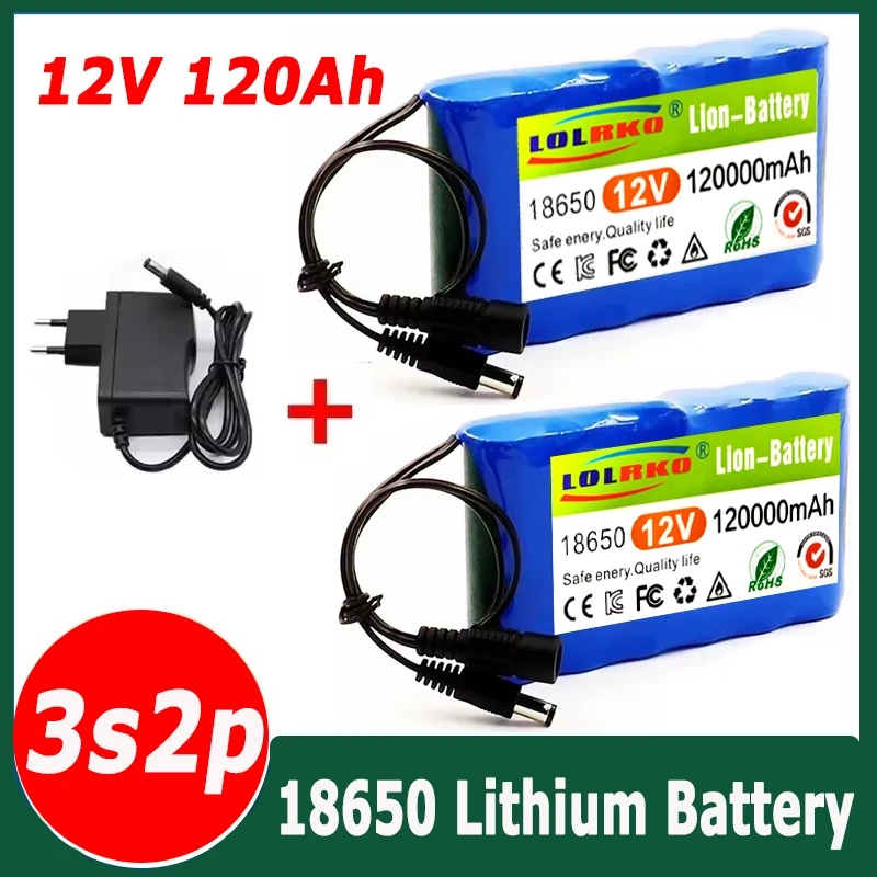 

New 3S2P 12V 120000mAh Portable Super Rechargeable Lithium Ion Battery Pack Capacity DC CCTV Cam Monitor +12.6v Charger