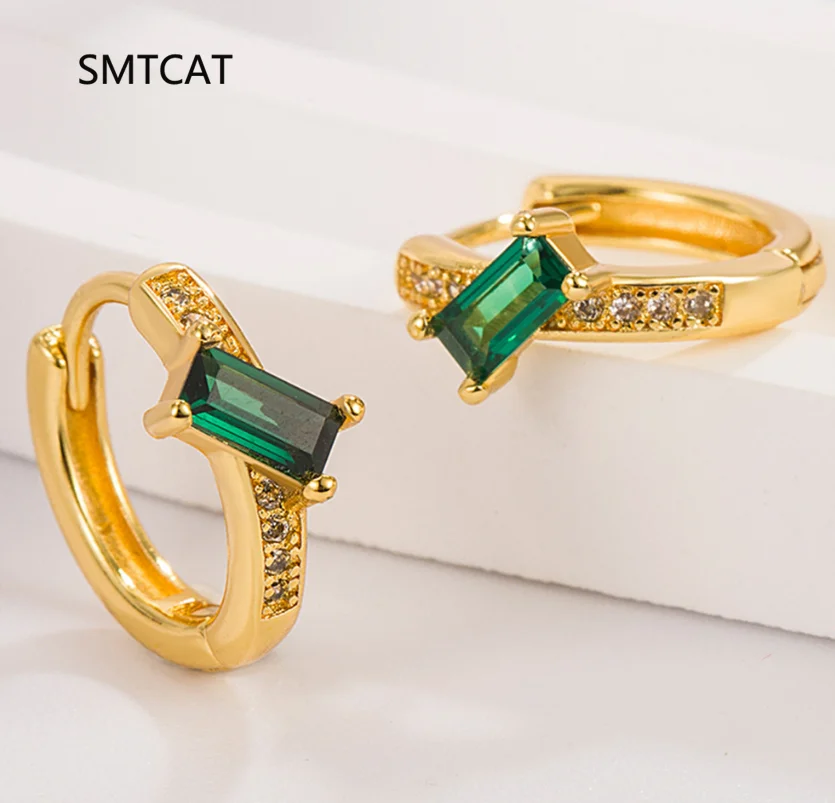 

Изумрудная огранка, зеленый имитация нано-изумруда, стерлинговое серебро 925, геометрические серьги-кольца для женщин, ювелирные изделия с драгоценными камнями Huggies Creole