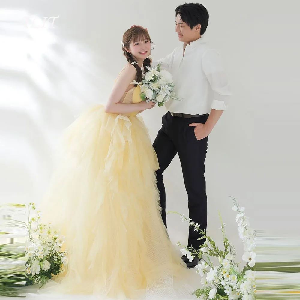 

TLIT Fairy Yellow Tulle Tiered Evening Dresses Customized Korea Wedding Dresses Photo Shoot Sleeveless Sweetheart Gown