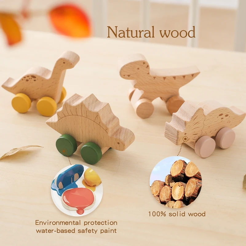 1PC Baby Wooden Toys Beech Wood Cartoon Dinosaur Car Montessori Educational Toys Boy Girl Baby 0-12 Months Toys Newborn Gifts