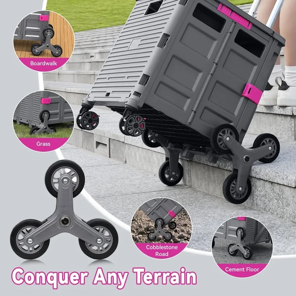 Foldable Utility Cart w/Stair Climbing Wheels, Collapsible Rolling Crate w/Magnetic Lid, Adjustable Telescoping Handle