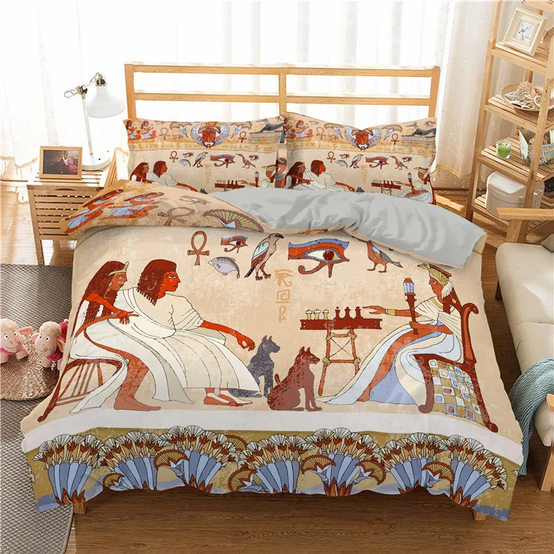 

Egyptian Bedding Set Exotic Tribal Retro Theme Ancient Egypt Civilization Characters Duvet Cover Boho Animals Floral Pillowcases