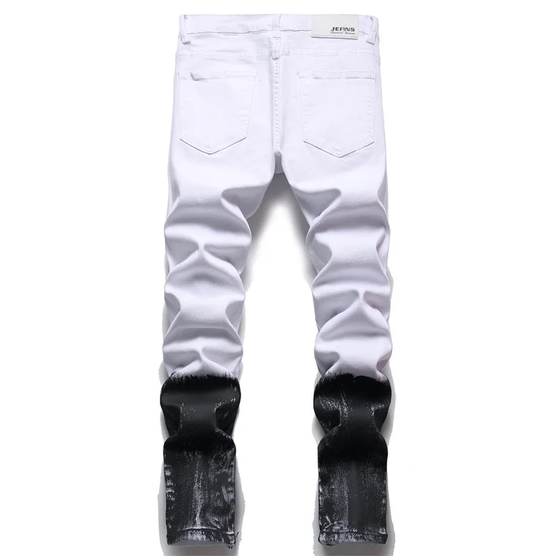 2024new style white embroidered rose jeans men's street cool fashion elastic skinny ripped trousers