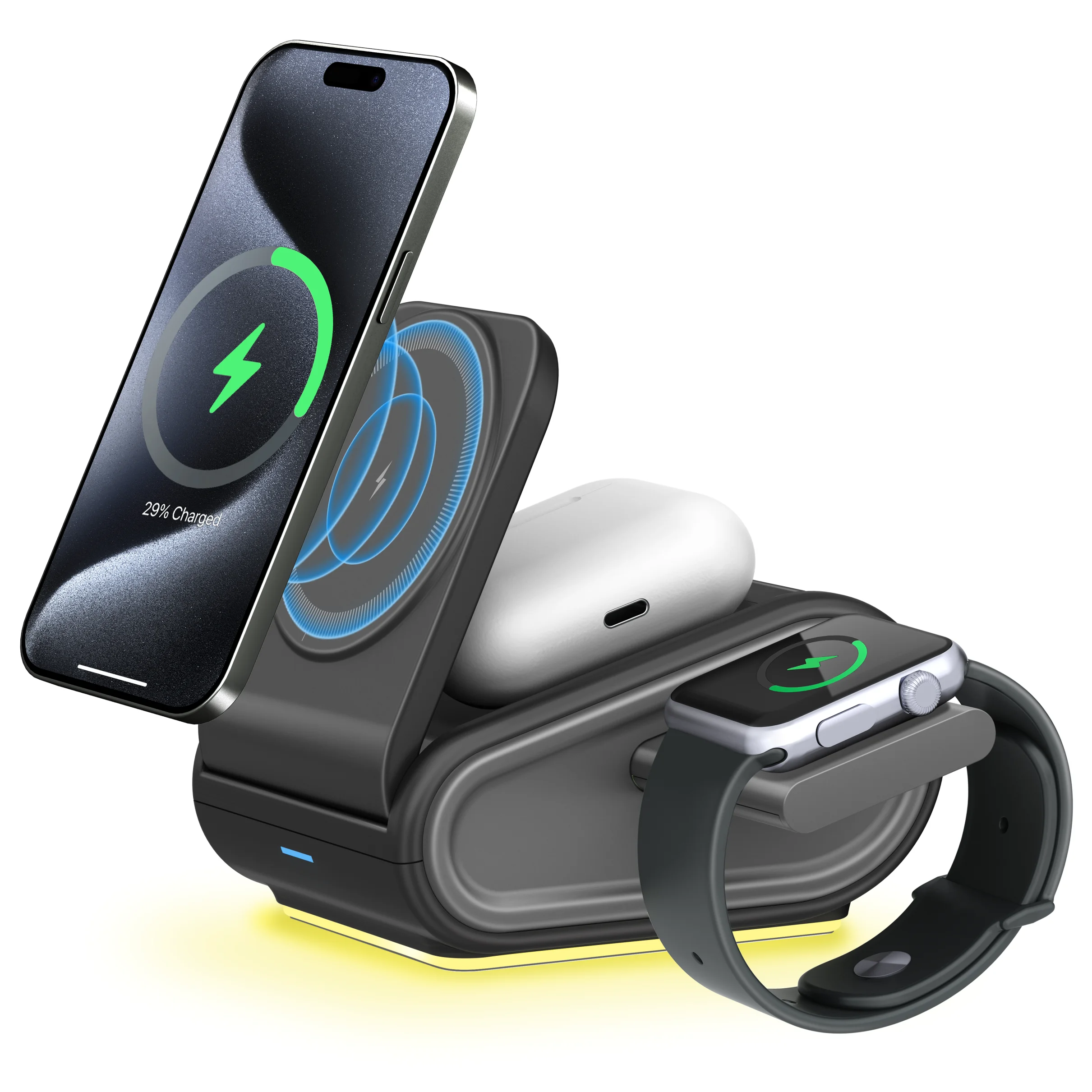 شاحن لاسلكي مغناطيسي 3 في 1 مع ضوء ليلي لهاتف iPhone 17-12 Apple Watch 11-2 Samsung Galaxy Watch 3-7 Airpods 4 Pro #1