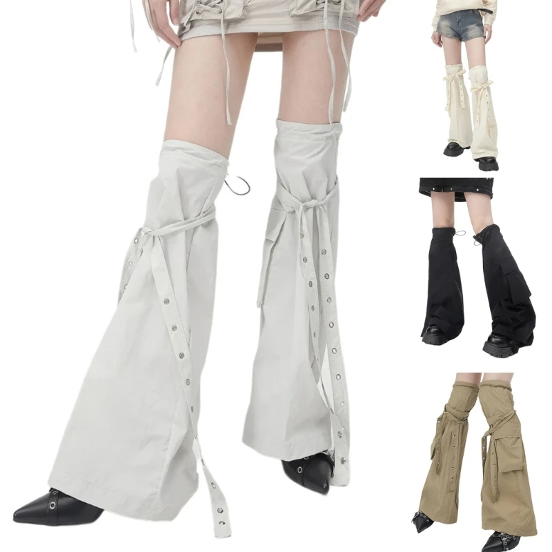 Women Punk Cargo Drawstring Leg Warmer with Eyelets Straps and Pockets Harajuku Boot Cover Over Knee Flared Stockings