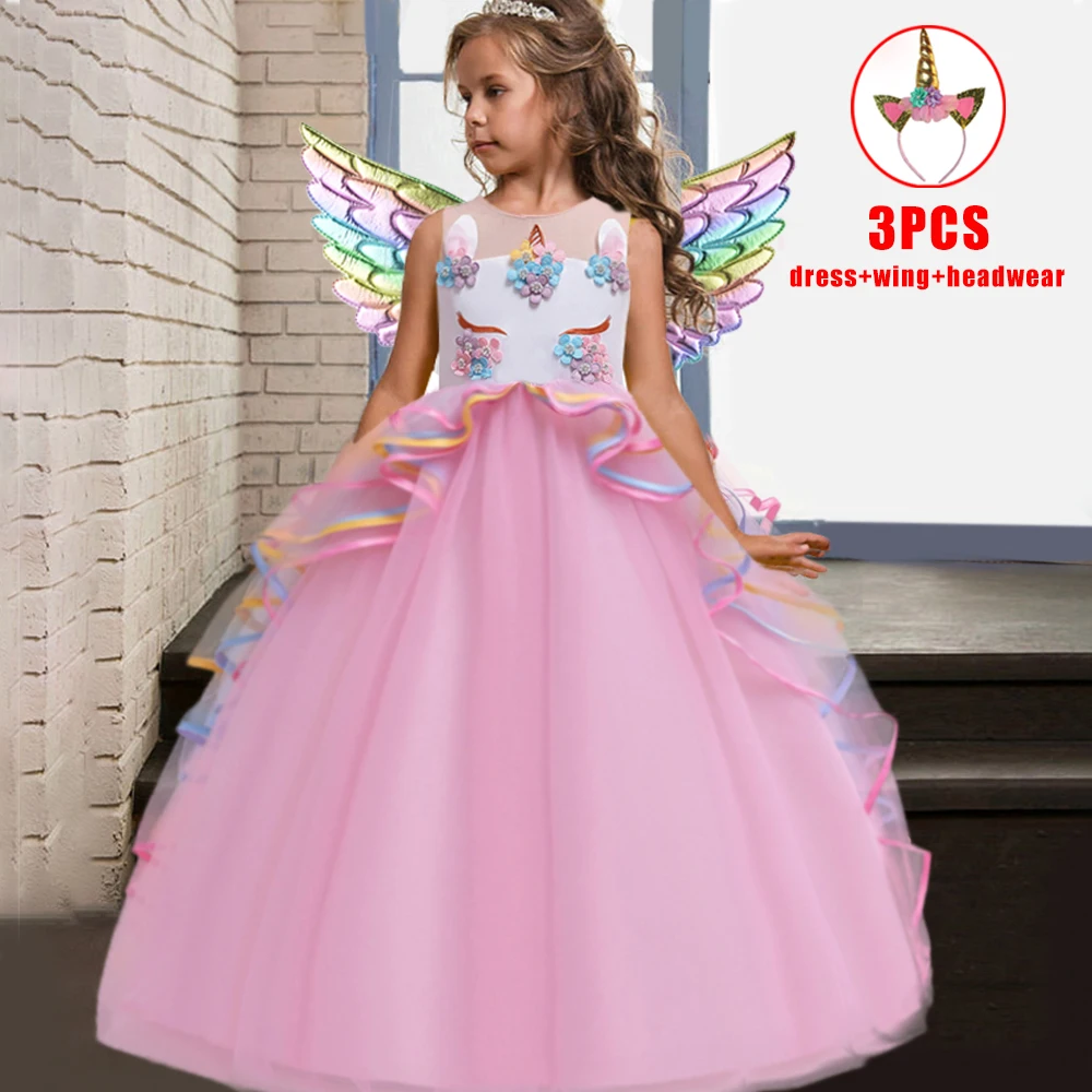 

Girls Unicorn Rainbow Party Dresses Christmas Elegant Pink Wedding Princess Birthday Dress for Girl Flower Appliques Prom Gown