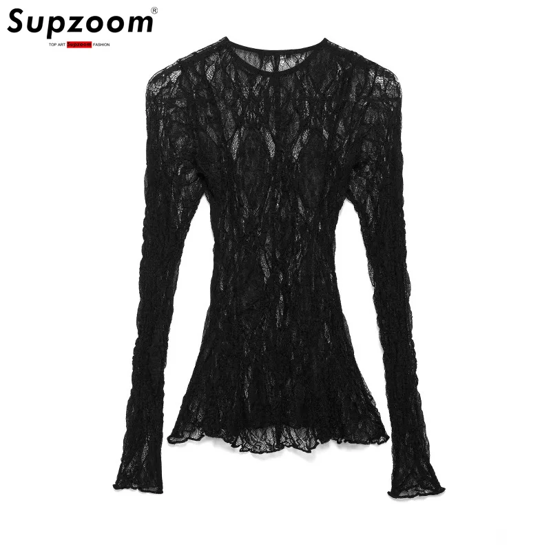 

Supzoom Новинка: Модный топ в стиле Pure Desire для девушек, облегающий, с длинными рукавами, круглым вырезом и полупрозрачным кружевом