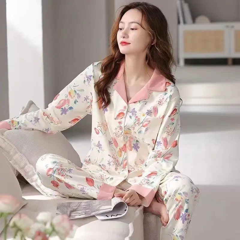 Women's pajamas silk pyjamas tulip long sleeve pijmas de mujer 2023 ins fashion sets womens outfits sleepwear 2 colour