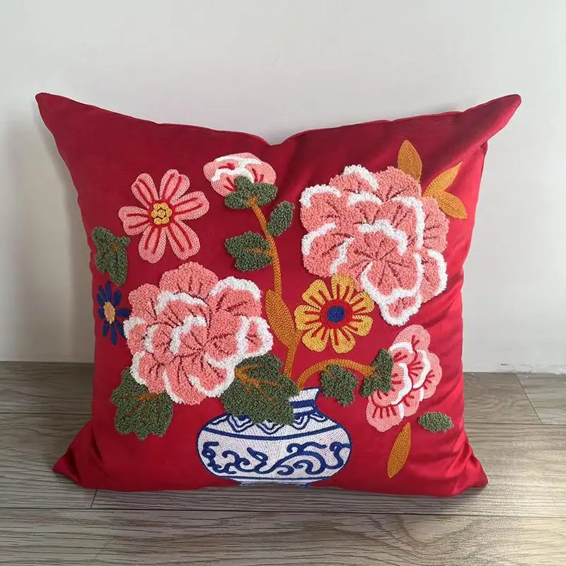 Chinese Vase Embroidery Pillows Luxury Retro Cushion Case Yellow Red Velvet Decorative Pillow Cover For Sofa Chair Home Decorate