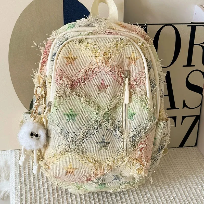 

Laminated Denim Fashion Backpack Large Capacity Colorful Unique Design Super Cool Schoolbags for Women 2025 Casual Versatile New