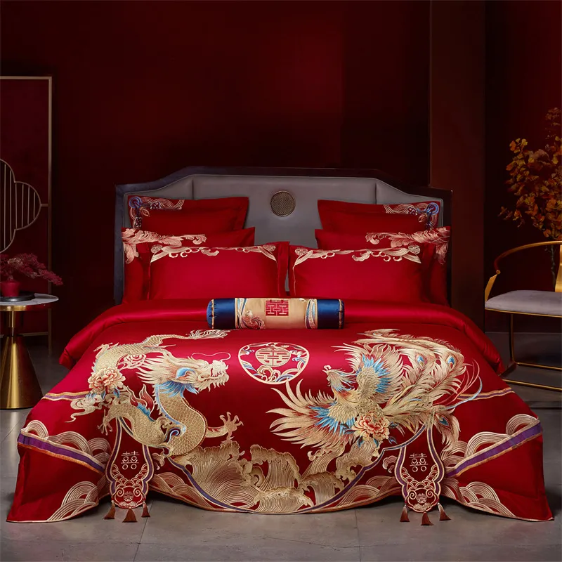 4/6/9Pcs Red Luxury Chinese Wedding Style Dragon Phoenix Embroidery Bedding Set 100% Cotton Duvet Cover Bed Sheet Pillowcases