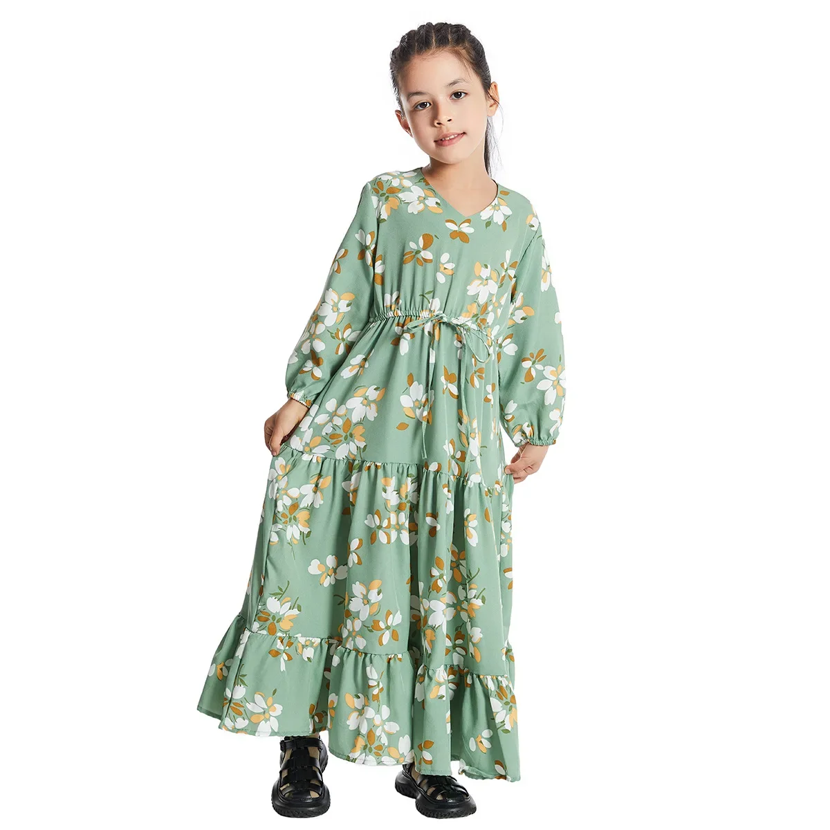 Girls Casual Dresses Kaftan Islam Children Flowers Draw String Ramadan Morocco Full Sleeve Dubai Arab V Neck Ruffles Dress