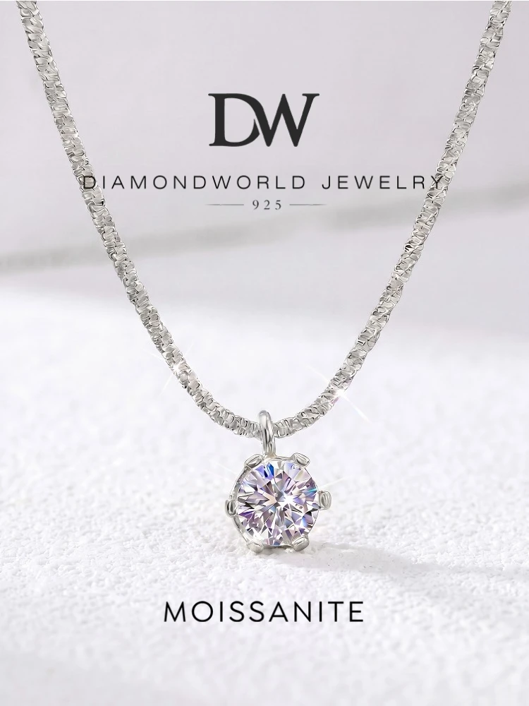 DWJ 1CT Luxury Sparkling Moissanite Diamond White Pendant Necklace for Women Real 925 Sterling Silver High Quality Fine Jewelry